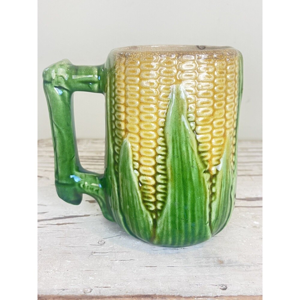 Antique 1920’s Rustic Glazed McCoy Majolica Corn Mug Green Stalk Handle Country